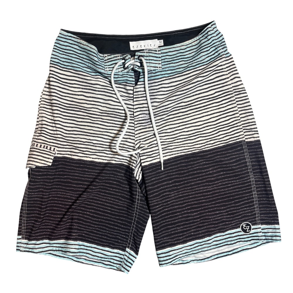 Ezekiel‎ Board Shorts Size 32 Black White Blue Striped Swim Trunks